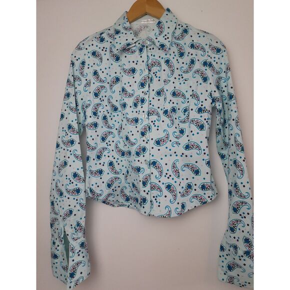 SOHO Jeans Womens Sky Blue Swirly Paisley Button-Up Shirt Jr. Sz Large NWT - Picture 8 of 16